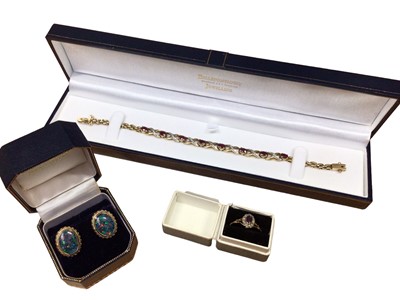 Lot 106 - 9ct gold diamond and synthetic ruby bracelet, 9ct amethyst and diamond cluster ring and a pair 9ct reconstituted opal earrings
