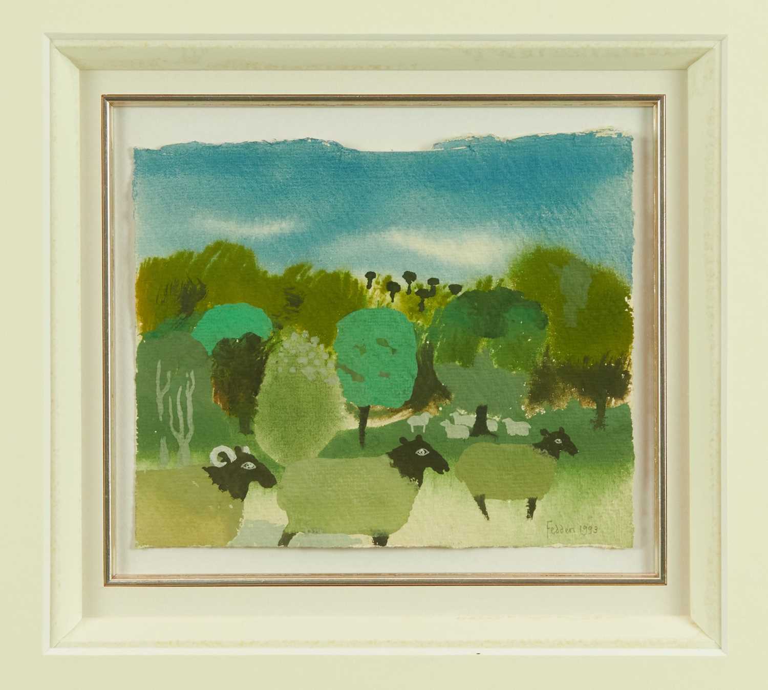 Lot 1150 - *Mary Fedden (1915-2012) watercolour - Sheep Grazing, signed and dated 1993, 14cm x 17.5cm, in glazed silvered framed
