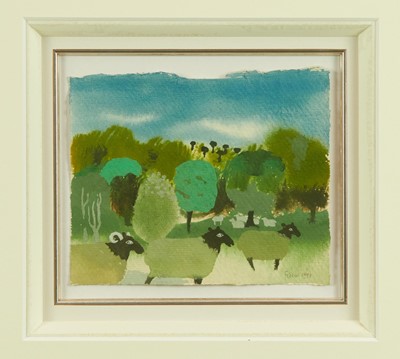 Lot 1150 - *Mary Fedden (1915-2012) watercolour - Sheep Grazing, signed and dated 1993, 14cm x 17.5cm, in glazed silvered framed