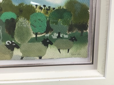 Lot 1150 - *Mary Fedden (1915-2012) watercolour - Sheep Grazing, signed and dated 1993, 14cm x 17.5cm, in glazed silvered framed