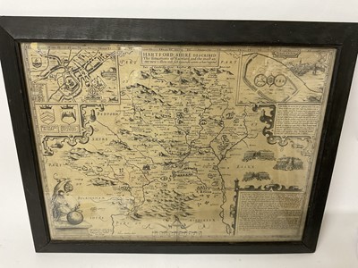 Lot 280 - After John Speede: 17th century engraved map of Hartfordshire, uncoloured, Hartford shire described the situations at Hartford and the most ancient town of St Albans with such memorable actions as...