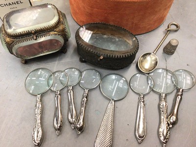 Lot 491 - Christian Dior vanity case containing two Chanel perfumes, two Victorian glass trinket boxes, collection of small magnifying glasses and other items