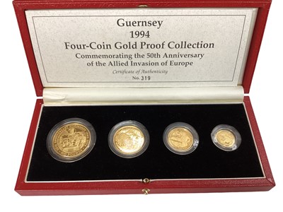 Lot 487 - Guernsey - Gold four coin proof collection 'Commemorating The 50th Anniversary of The Allied Invasion of Europe' 1994 to include £100, £50, £25 & £10 coins (N.B. In case of issue with Certificate o...
