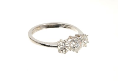 Lot 633 - Diamond three stone ring with three round brilliant cut diamonds in claw setting on 18ct white gold shank. Estimated total diamond weight approximately 2.01cts.