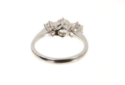 Lot 633 - Diamond three stone ring with three round brilliant cut diamonds in claw setting on 18ct white gold shank. Estimated total diamond weight approximately 2.01cts.