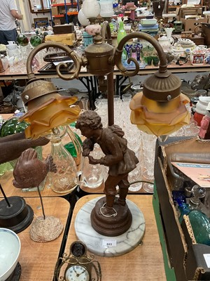 Lot 603 - Bronzed resin figural table lamp, raised on marble base.