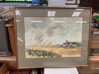 Lot 325 - Alan Nicholl watercolour study of a Norfolk windmill in glazed frame.