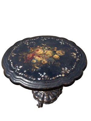 Lot 2 - Victorian papier mache occasional table with shaped top painted with flowers, on bulbous column and shaped base
