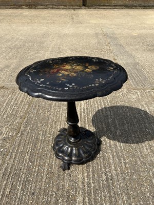 Lot 2 - Victorian papier mache occasional table with shaped top painted with flowers, on bulbous column and shaped base