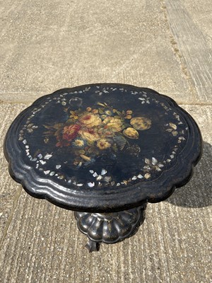Lot 2 - Victorian papier mache occasional table with shaped top painted with flowers, on bulbous column and shaped base