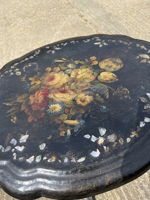 Lot 2 - Victorian papier mache occasional table with shaped top painted with flowers, on bulbous column and shaped base