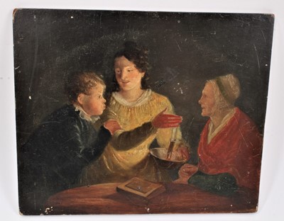 Lot 857 - English School, early 19th century oil on panel, interior with figures, 24 x 26cm