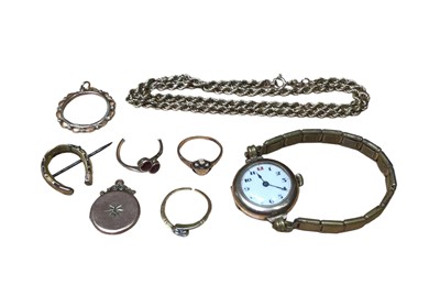 Lot 8 - 9ct gold cased wristwatch on plated expandable bracelet, 9ct gold rope twist chain, 9ct gold pendant mount, 9ct gold horseshoe brooch, 9ct gold back and front locket, two broken gold rings and a br...