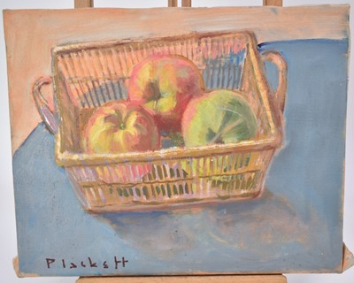 Lot 1101 - Joseph Plaskett (1918-2014) oil on canvas - still life, Apples in Basket, signed, titled verso, 33cm x 41cm, unframed