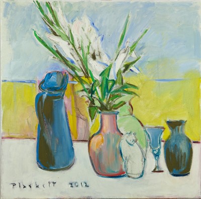 Lot 1120 - Joseph Plaskett (1918-2014) oil on canvas - Still Life with Model Cat, signed and dated 2012, 75cm x 76cm, unframed