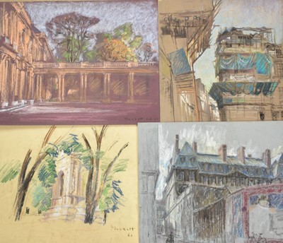 Lot 1119 - Joseph Plaskett (1918-2014) group of nine pastels on paper, Parisian Cityscapes, signed, approximately 50cm x 65cm and smaller, unframed (9)