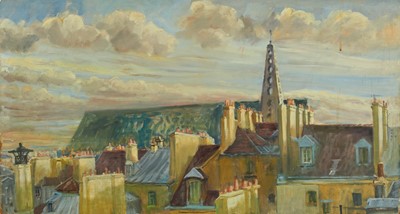 Lot 1135 - Joseph Plaskett (1918-2014) oil on board - Parisian Skyline, unsigned, 53cm x 97cm, unframed