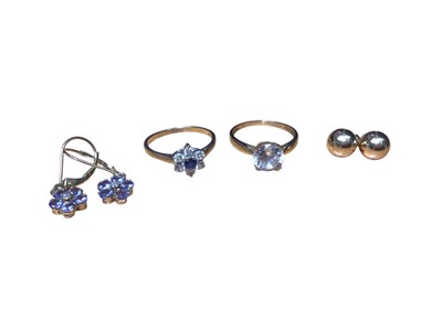 Lot 53 - 9ct gold sapphire and diamond flower head cluster ring, one other 9ct gold synthetic single stone ring, pair of 9ct gold ball stud earrings and pair of gold (10k) gem set flower head earrings
