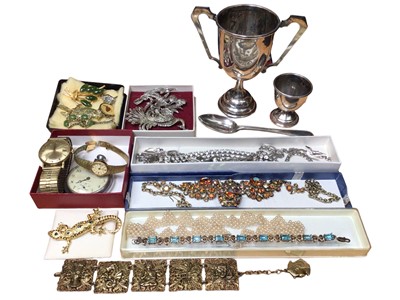 Lot 148 - Group of costume jewellery, watches, silver two handled trophy, silver egg cup and a silver teaspoon