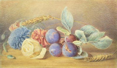 Lot 934 - William Henry Hunt (1790-1864) watercolour - Still Life, Flowers and Plums, signed, 20cm x 34cm, in glazed gilt frame