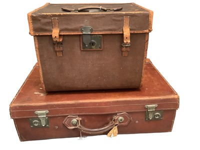Lot 387 - Vintage leather suitcase and square canvas and leather case.