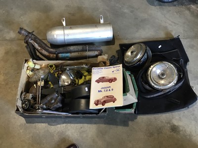 Lot 568 - Lot Jaguar Mk VII, VIII and IX parts including screens, headlights, brake master cylinders, trim etc