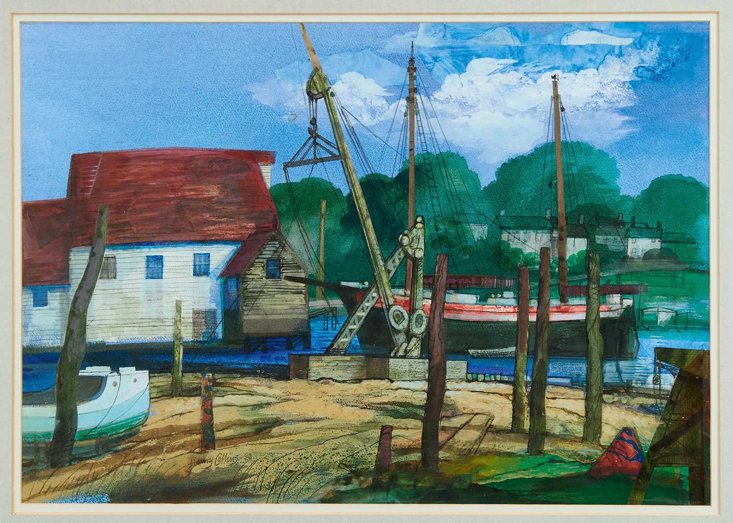 Lot 1397 - Henry Collins (1910-1994), collage and mixed media, St Osyth Mill, signed, artist's label verso, 41cm x 49cm, in glazed frame