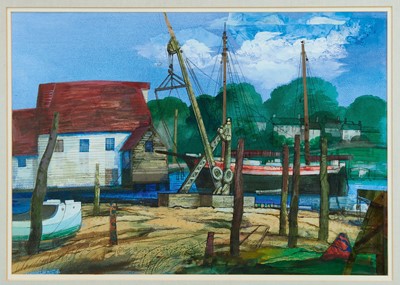 Lot 1397 - Henry Collins (1910-1994), collage and mixed media, St Osyth Mill, signed, artist's label verso, 41cm x 49cm, in glazed frame
