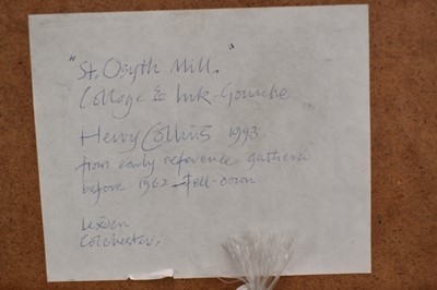 Lot 1397 - Henry Collins (1910-1994), collage and mixed media, St Osyth Mill, signed, artist's label verso, 41cm x 49cm, in glazed frame