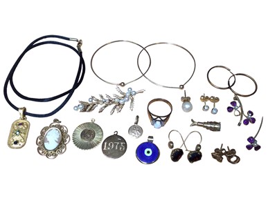 Lot 214 - 18ct gold and gem set pendant on black chord chain, 9ct gold and cultured pearl spray brooch, 9ct gold opal ring, together with a group of yellow metal pendants and earrings