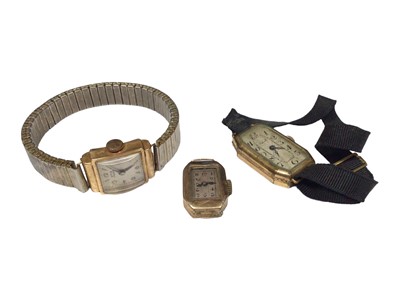Lot 135 - Vintage 18ct gold cased Otis wristwatch on plated expandable bracelet, 9ct gold cased watch and a gold plated watch on black ribbon strap (3)