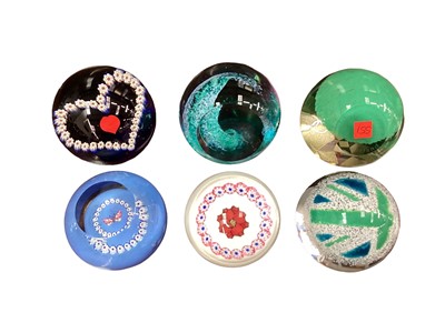 Lot 428 - Six Caithness paperweights - Green Wave, Olympic British Flag, Olympic London Symbol, Miniature Rose by Allan Scott, Miniature Rose by Alastair MacIntosh and Miniature Butterfly by Allan Scott