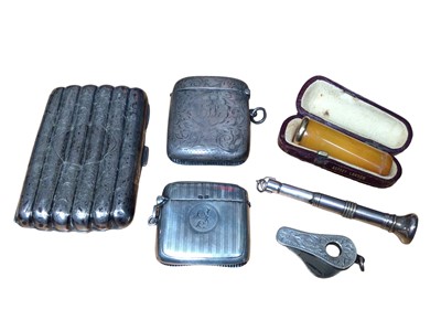 Lot 162 - Selection of silver smoking related items and an amber cheroot in an Asprey London leather case