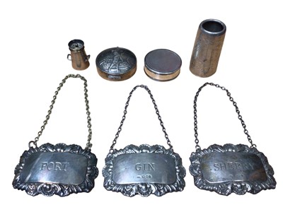 Lot 163 - Three silver spirit labels, silver pill box with embossed golfing scene, one other silver pill box with engine turned decoration and two other silver items