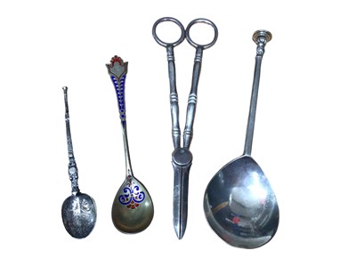 Lot 165 - Pair of 1920s silver grape scissors, silver seal top tablespoon, silver anointing spoon and a Russian silver gilt enamelled spoon (4)