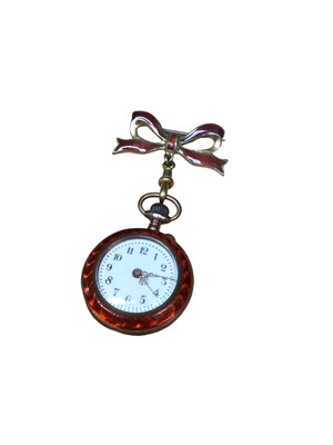Lot 168 - Early 20th century Swiss red enamel fob watch with silver gilt and red enamel bow shaped brooch attachment