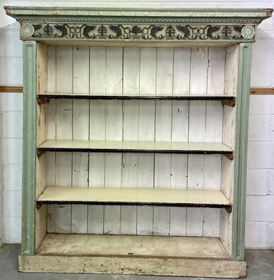 Lot 1133 - Antique painted open bookcase with carved and painted cornice and classical painted frieze, 183cm wide x 192cm high x 42cm deep
