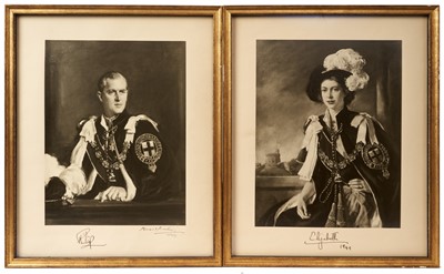 Lot 111 - T.R.H. Princess Elizabeth Duchess of Edinburgh (later H.M.Queen Elizabeth II) and Prince Philip Duke of Edinburgh, pair of unusual signed presentation portrait prints, both wearing Garter robes, si...