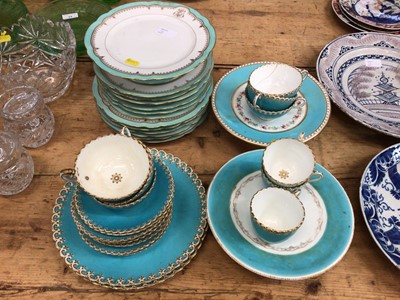 Lot 16 - Assorted turquoise glazed plates and saucers, two cake stands and a selection of French plates with the initial L (30 pieces)