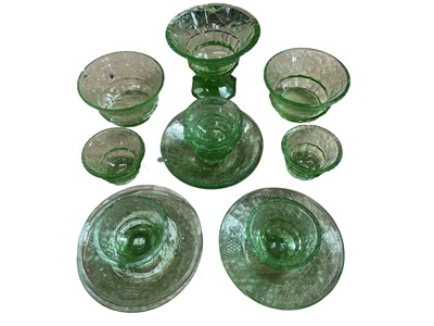 Lot 13 - Stylish early 20th century green glass service with cut and etched borders comprising six sundae bowls, pedestal bowl, pair of fruit bowls and six plates (15 pieces)