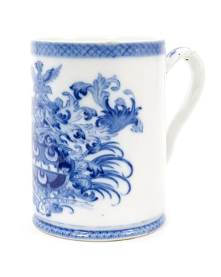 Lot 270 - 18th century Chinese export porcelain blue and white armorial mug, bearing the arms of The Glover family of Norfolk, 14cm in height. 
N.B. Page 414 of Sanctuary Howard