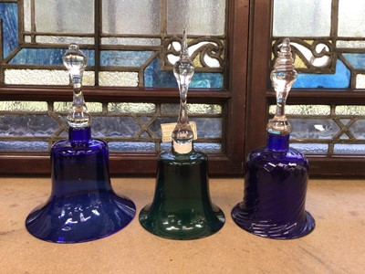 Lot 720 - Two ‘Bristol’ blue glass bells, and a green tinted glass bell