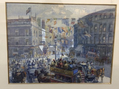 Lot 93 - William Harding Collingwood Smith (1842-1922), fine watercolour of Kensington High Street on Queen Victoria's Diamond Jubilee 1897. The vibrant street scene with horse drawn carriages and buses wit...