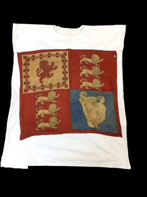 Lot 178 - Edwardian Royal Standard banner of printed cotton later mounted on a white cotton tabard. The banner 60 x 69 cm