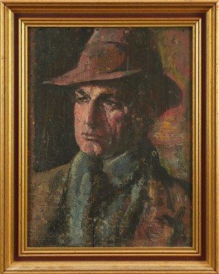 Lot 1256 - *Alfred Aaron Wolmark (1877-1961) oil on panel - Portrait of a Gentleman wearing a trilby