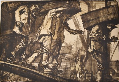 Lot 1300 - *Sir Frank Brangwyn three signed prints - Unloading Oranges at London Bridge, Is There Truth in Drink? and one other, unframed