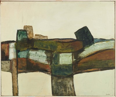Lot 991 - *Robert Sadler (1909-2001) Abstract, The Hilltop, 1968, acrylic on board, signed, 63 x 72cm, framed