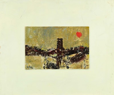 Lot 987 - *Robert Sadler (1909-2001) Abstract/Landscape, Church and Sun, 1990, acrylic on board, signed and dated, 23 x 35cm, framed