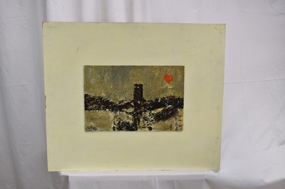 Lot 987 - *Robert Sadler (1909-2001) Abstract/Landscape, Church and Sun, 1990, acrylic on board, signed and dated, 23 x 35cm, framed