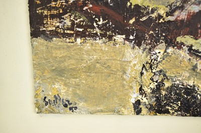 Lot 987 - *Robert Sadler (1909-2001) Abstract/Landscape, Church and Sun, 1990, acrylic on board, signed and dated, 23 x 35cm, framed